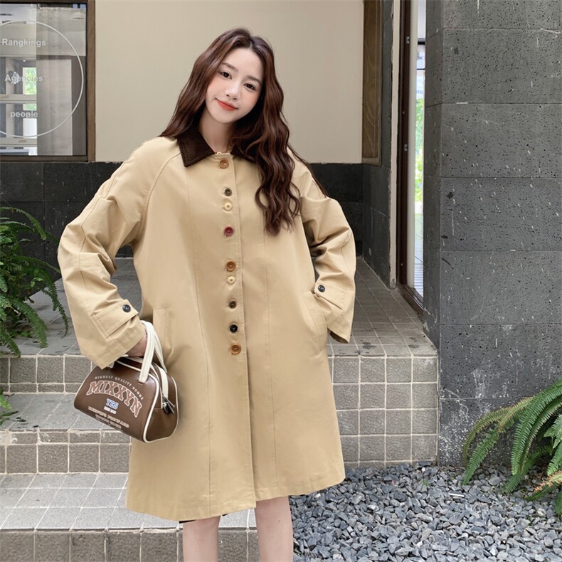 灯芯绒领工装风衣外套女春秋2025新款中长款流行高级感学院风大衣图片