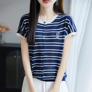 夏季100%天丝针织短袖T恤女圆领条纹爱心刺绣上衣宽松半袖打底衫图片
