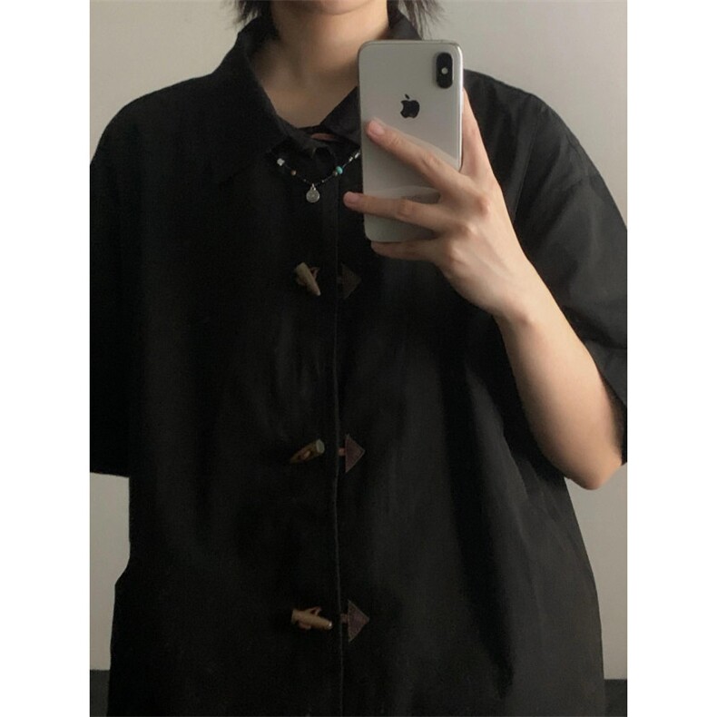 现货  新风美式复古牛角扣小众设计感通勤风短袖衬衫J3387-P50图片