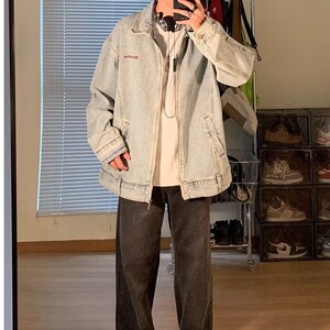 J3360-P128 美式潮牌字母刺绣水洗牛仔外套男女同款春秋季宽松图片
