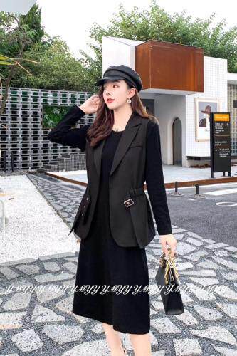 现货春季新款连衣裙马夹两件套，女装连衣裙，依美依缘