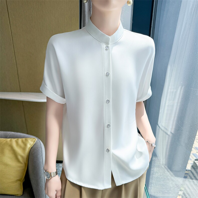 新中式新款醋酸缎面白色短袖衬衫女T恤夏立领小西装内搭上衣衬衣，女装T恤，九戎