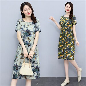 棉麻碎花连衣裙女2026新款夏薄款短袖中长款宽松遮肚显瘦亚麻裙子图片