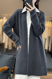 秋冬新款羊毛开衫女V领纯色宽松百搭长袖羊绒针织毛衣外套图片