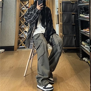 美式复古多口袋做旧工装裤男街头宽松阔腿直筒长裤潮GK202-p45图片