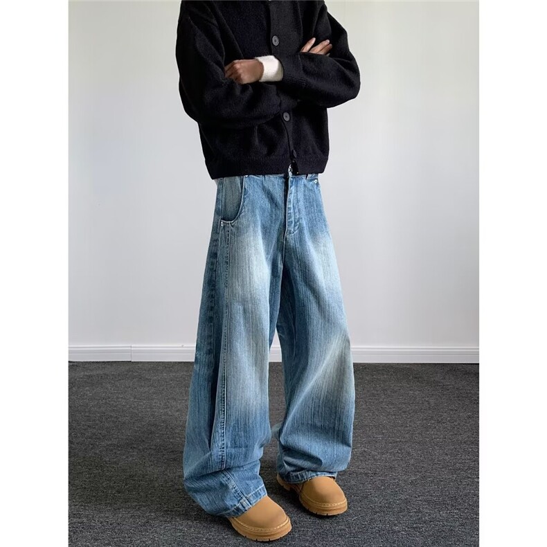 弯刀裤美式高街复古宽松小众廓形水洗解构牛仔裤CK1383-P55，男装牛仔裤，星座313A-2