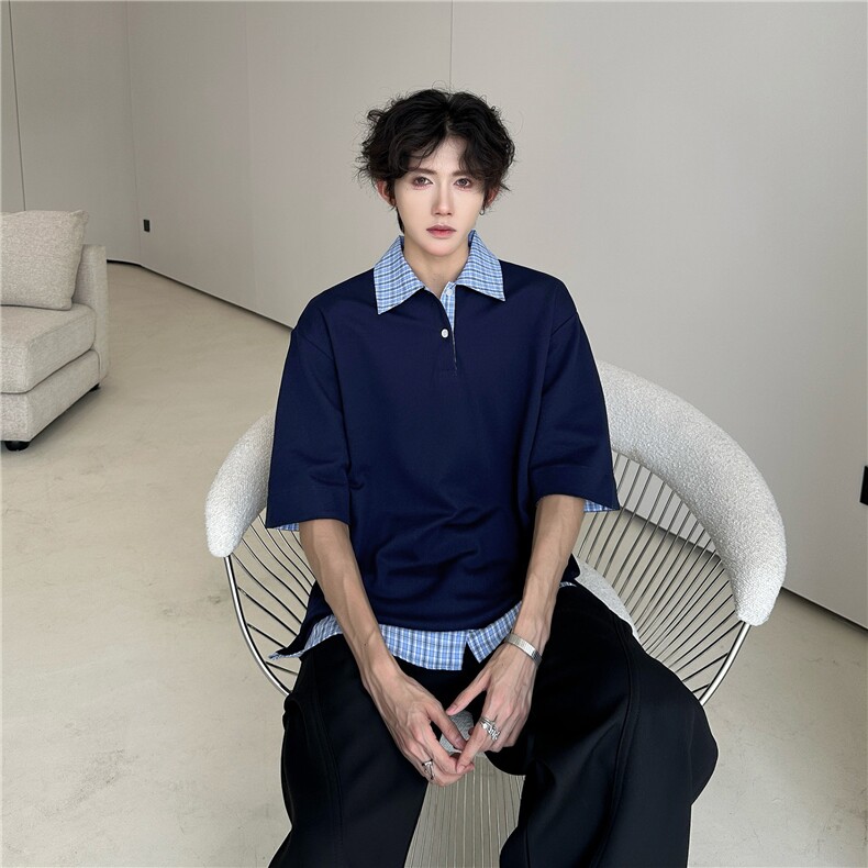 藏青色假两件短袖男款夏季潮牌衬衫拼接t恤重磅美式学院风polo衫,男装Polo衫,四季星座505