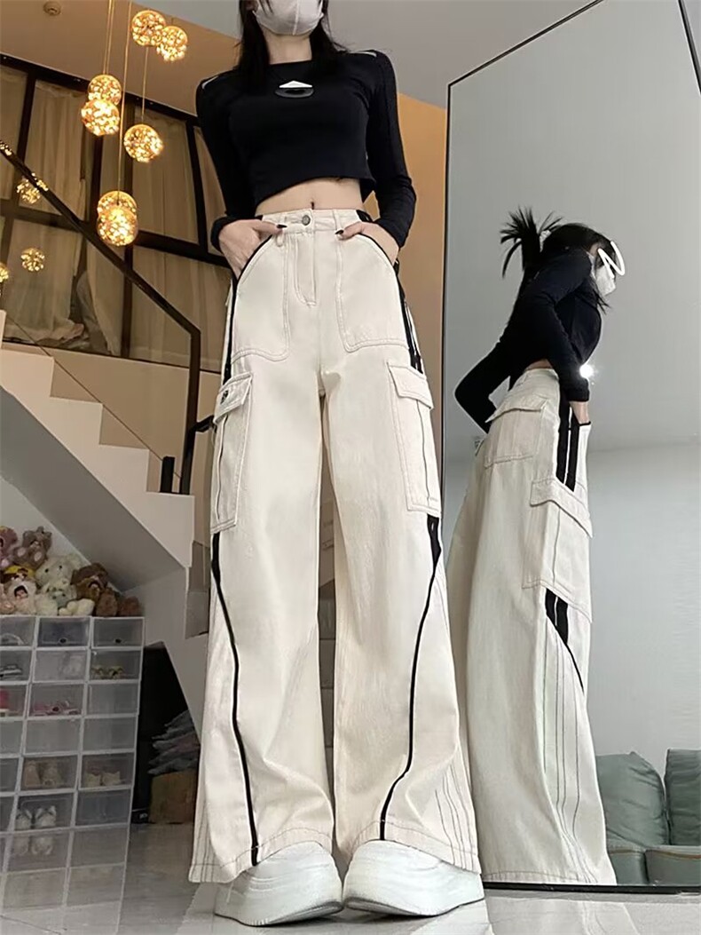 美式复古阔腿拼色休闲裤男女秋季潮流潮牌垂坠慵懒风长裤子P68,男装休闲裤,四季星座218-1