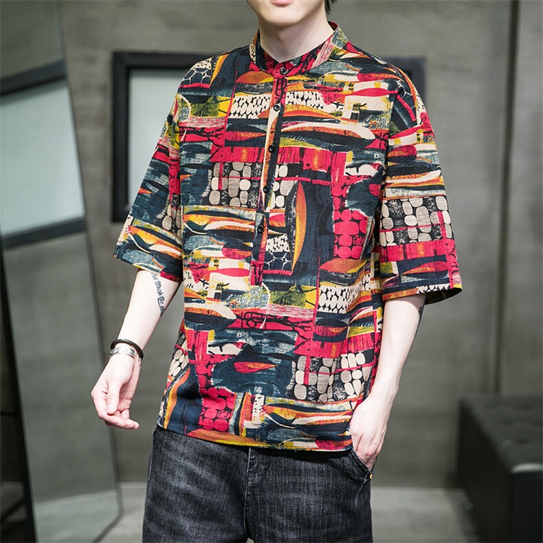 风2025夏季印花棉麻五分袖男休闲立领纽扣t恤N03-P40，男装T恤，星座815-1（原A203A）