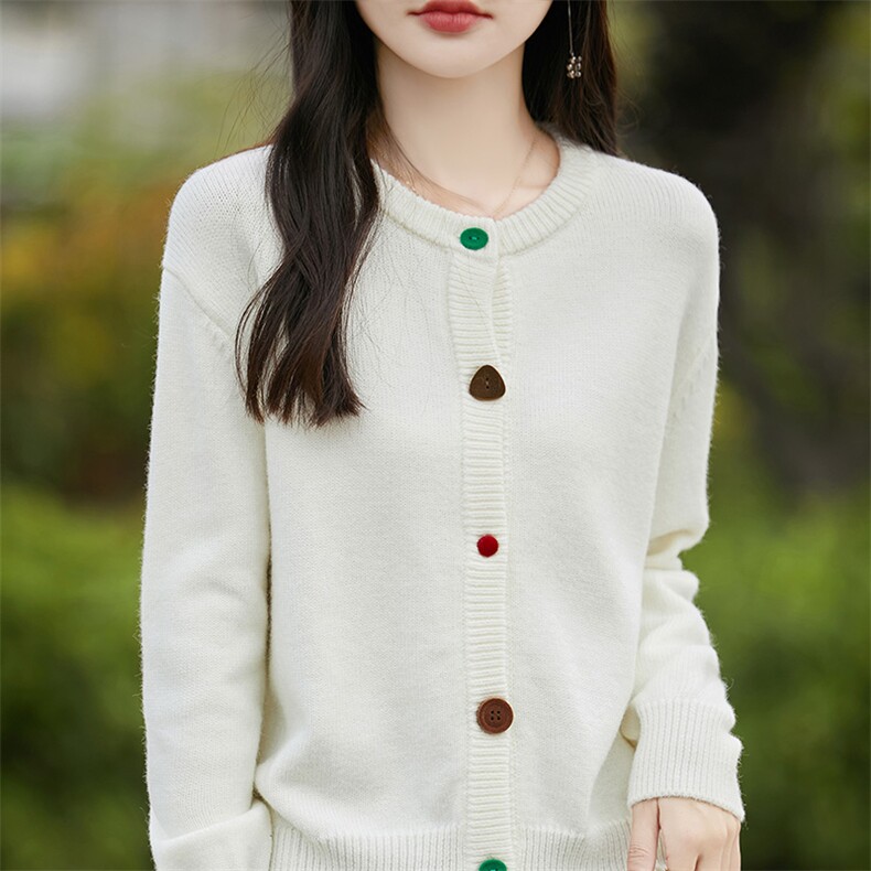100%纯羊毛开衫女士圆领加厚彩扣长袖毛衣外套宽松羊绒衫针织外搭,女装羊毛衫,片语羊绒