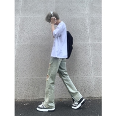 现货夏季修身vibe美式高街破洞黄泥染拉链牛仔裤男K822-K823-P55，男装牛仔裤，星座205