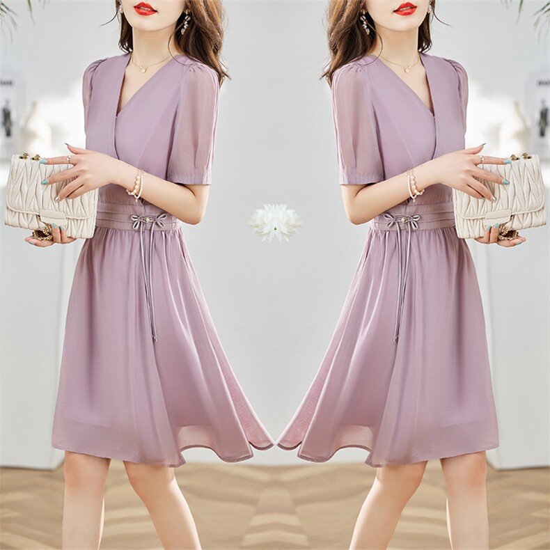 小个子高端气质名牌女装真丝连衣裙2024夏季新款女品牌桑蚕丝裙子，女装连衣裙，魅丽静蓝