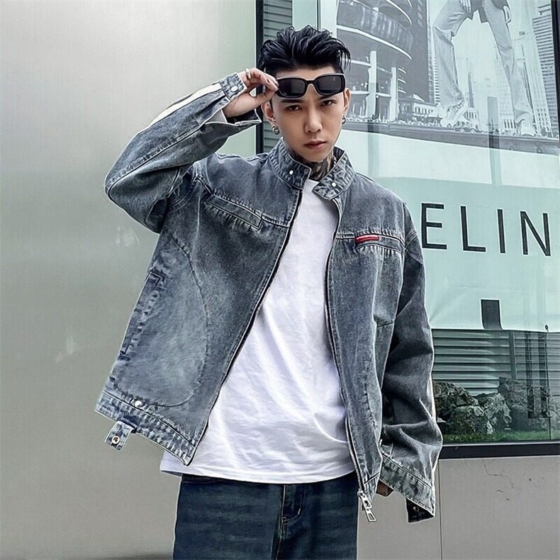 Q60/P79美式潮牌做旧水洗立领牛仔外套男女宽松情侣休闲夹克,男装工装外套,星座1506