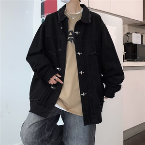 潮人单品外套男潮小众设计感纯色宽松长袖情侣装牛仔夹克图片