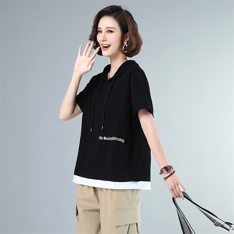 时尚拼色刺绣字母连帽T恤宽松显瘦短袖上衣855-1,女装T恤,依恋蒂丝