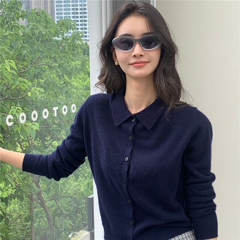 2025秋冬百搭时尚polo纽扣开衫长袖针织衫,女装羊绒衫,玛卡隆羊绒