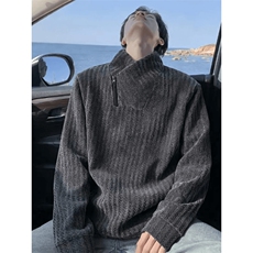 高品质春装新款老钱风美式高街鱼骨纹斜拉链解构高领卫衣长袖t恤，男装T恤，电商A443