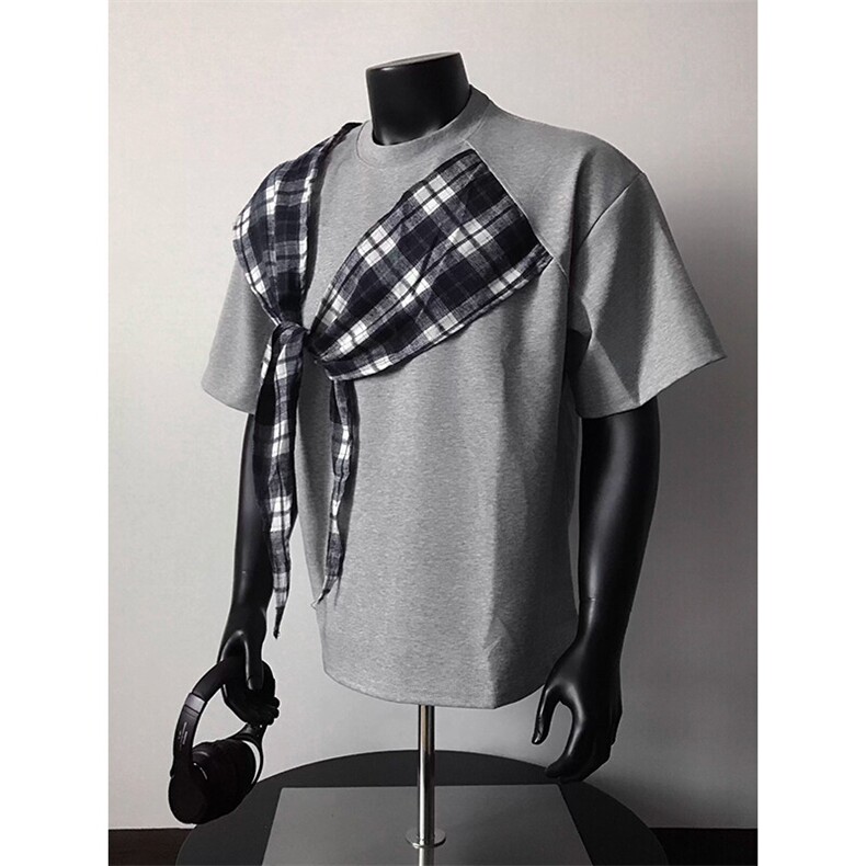 拼接格子布装饰高品质260克双纱纯棉美式高街短袖T恤特P35，男装T恤，电商A486