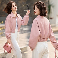 粉色短款皮衣外套女秋秋新款韩版高级感气质休闲百搭PU皮夹克上衣，女装皮衣，臻衣坊