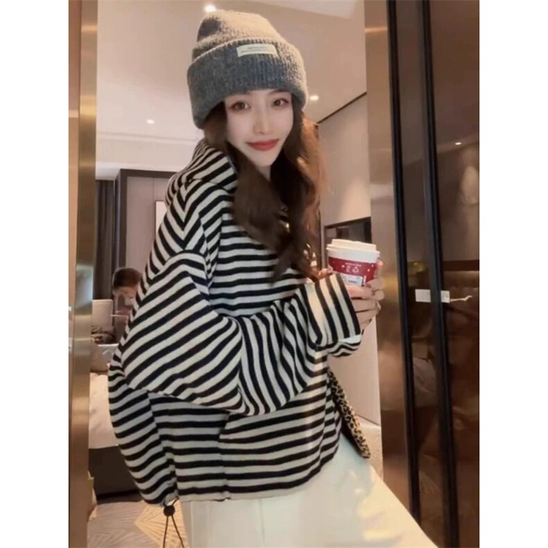 C0227-P60黑白条纹撞色连帽卫衣慵懒风短款美式高级感宽松上衣,男装卫衣,星座617A-2
