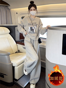 时尚休闲运动套装女秋冬洋气减龄宽松圆领印花卫衣阔腿长裤两件套图片