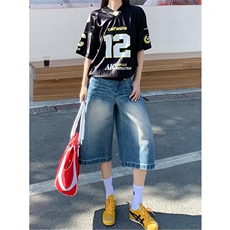 小个子七分牛仔短裤女夏季薄款直筒宽松高腰显瘦百搭中裤7分裤子，男装牛仔裤，星座1210-1