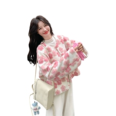 粉色花朵羊羔毛外套女2025冬季新款超好看爆款减龄小个子短款上衣，女装短外套，2C007