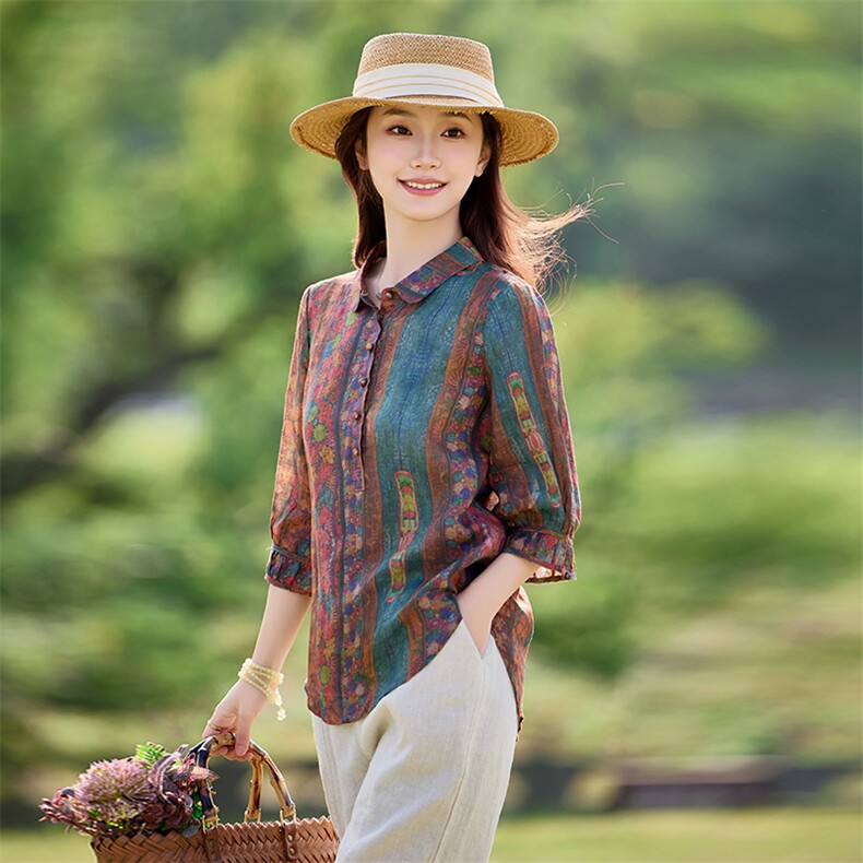 2026年夏季女短袖宽松苎麻常规文艺/优雅,女装衬衫,江南依恋