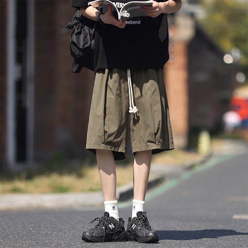 日系文艺风纯棉透气休闲短裤男夏季潮牌宽松直筒阔腿运动五分裤子,男装牛仔裤,电商A102B