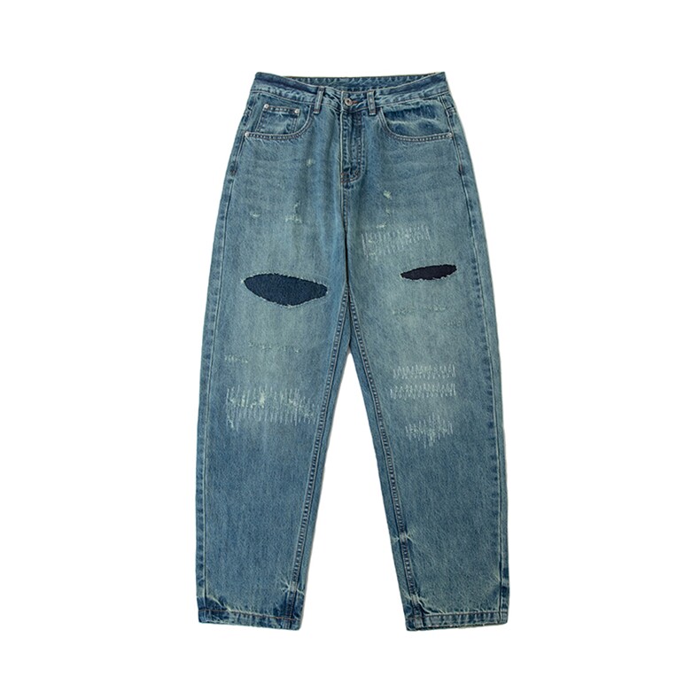 PL912破洞反补多手工位洗水牛仔裤，男装牛仔裤，电商基地S002