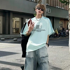 抖音得物品质二开240克宽松纯棉美式潮牌印花三条杠中性风短袖T恤，男装T恤，电商A486-1