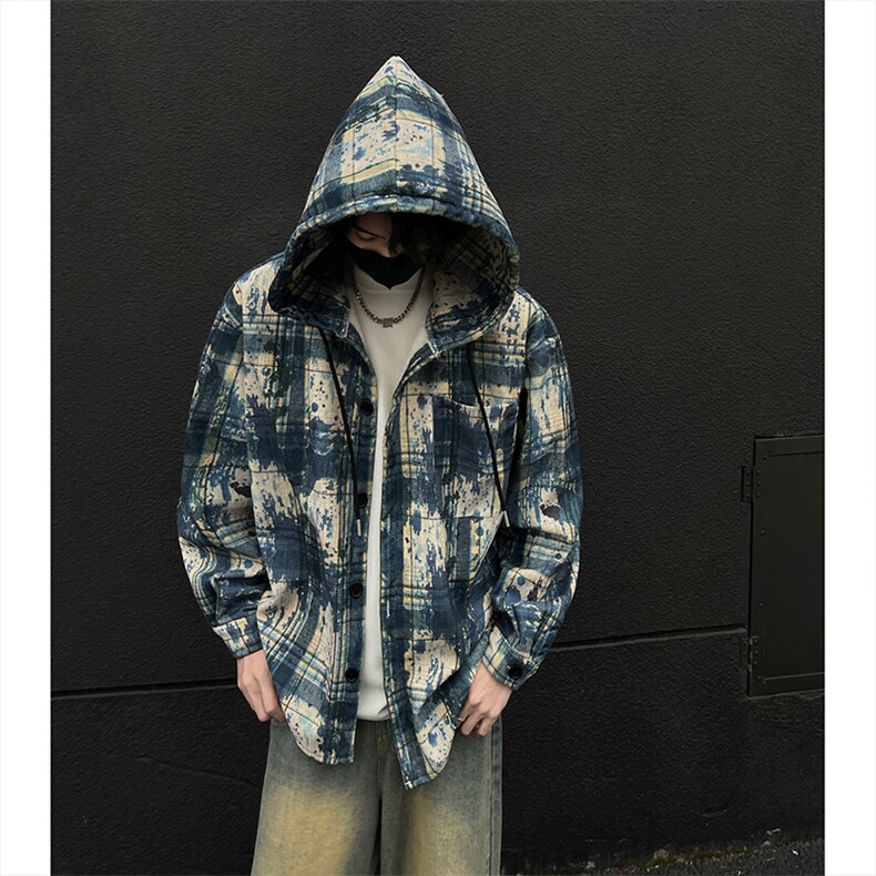 WY10097-P55加绒P65秋季撞色格子连帽大码休闲百搭卫衣外套男,女装短外套,电商A059