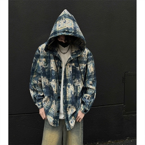 WY10097-P55 加绒P65 秋季撞色格子连帽大码休闲百搭卫衣外套男图片