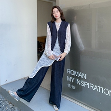 设计感蕾丝上衣套装女2025秋季新款时尚洋气减龄马甲阔腿裤三件套，女装套装/套裙，2D076