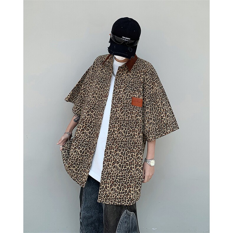 美式复古vintage豹纹牛仔短袖衬衫男女潮牌炸街衬衣外套V9933-p58,男装衬衫,星座1008