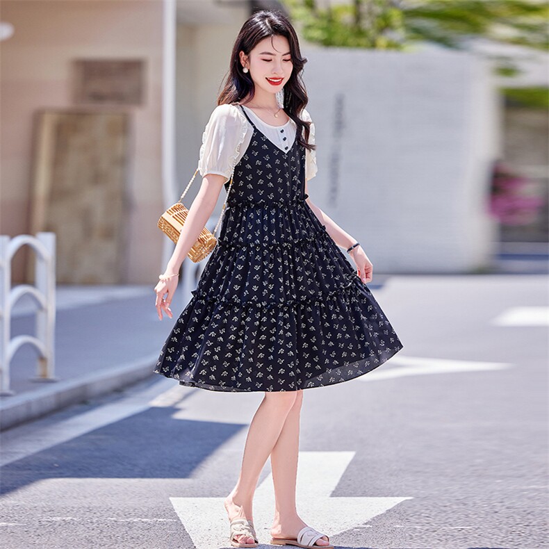 甜美减龄显瘦小个子碎花裙女夏新款轻薄a字裙泡泡袖假两件连衣裙,女装连衣裙,梦芯尔