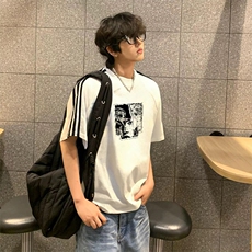 抖音得物高品质二开240克宽松纯棉美式潮牌三条杠织带短袖T恤，男装T恤，电商A486-1