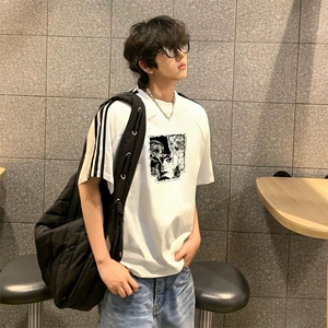 抖音得物高品质二开240克宽松纯棉美式潮牌三条杠织带短袖T恤图片