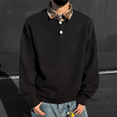假两件格纹拼接翻领毛衣男秋季学院风休闲情侣针织衫MY2012-P62，男装针织衫/毛衣，星座210-1