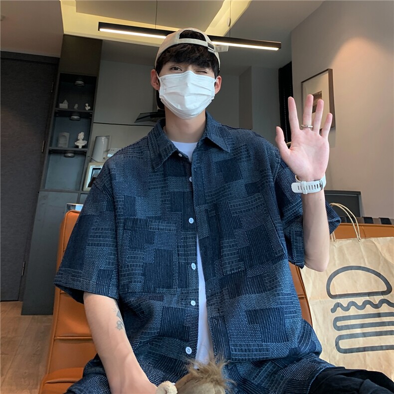 抖音品质夏季格子大码宽松牛仔衬衫复古短袖衬衣外套CS011-P50图片