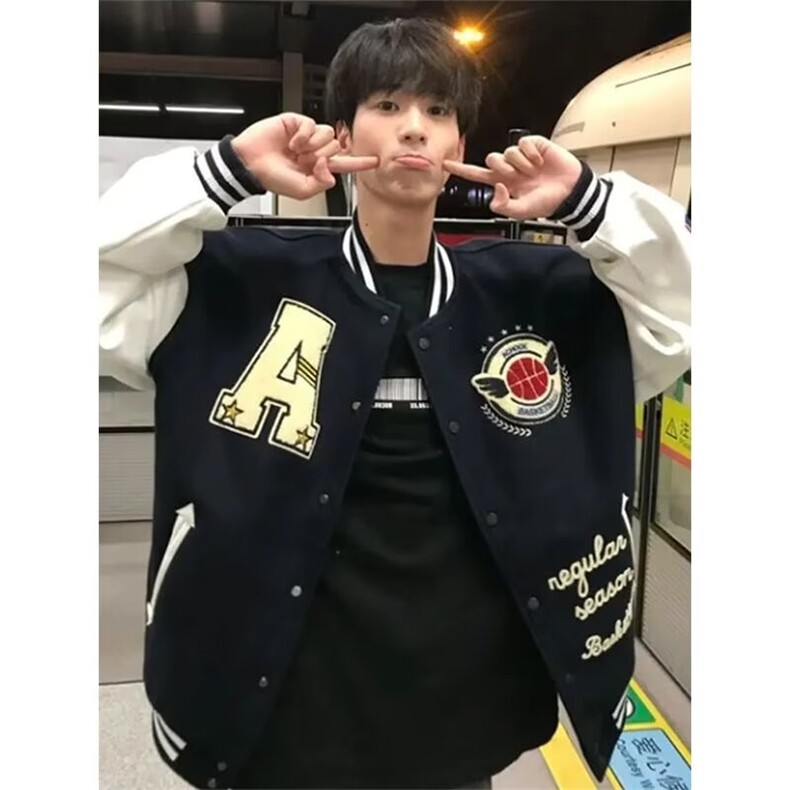 美式棒球服男女星空昵PU皮袖飞行员夹克情侣休闲宽松外套JKK18图片