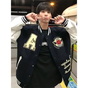 美式棒球服男女星空昵PU皮袖飞行员夹克情侣休闲宽松外套JKK18