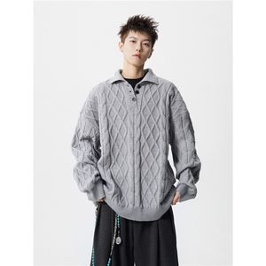 M-8XL老钱风复古麻花针织衫宽松男女秋冬款polo领毛衣MY1518/P75图片
