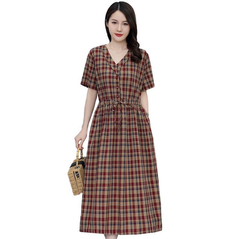 现货，2022年夏季新款女装时尚文艺休闲棉麻连衣裙格子,女装连衣裙,依万里