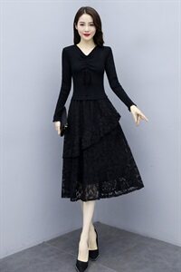 2025春季配大衣打底显瘦针织连衣裙女假两件黑色蕾丝内搭长袖裙子，女装连衣裙，安之芮娜