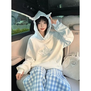 有货。星星刺绣连帽卫衣男女春秋拼接外套上衣WB636-P51图片