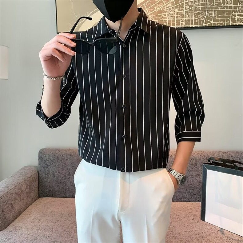百搭衬衫标准简约ins条纹春季潮男原宿新款七分袖潮流C156-3,男装衬衫,星座1116A-2（原606A-1）