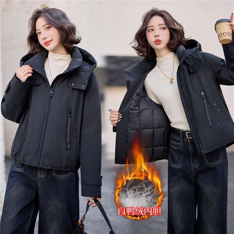 爆《2025冬季新款连帽90白鸭绒羽绒服休闲防风保暖派克服加厚外套,女装羽绒服,米莱
