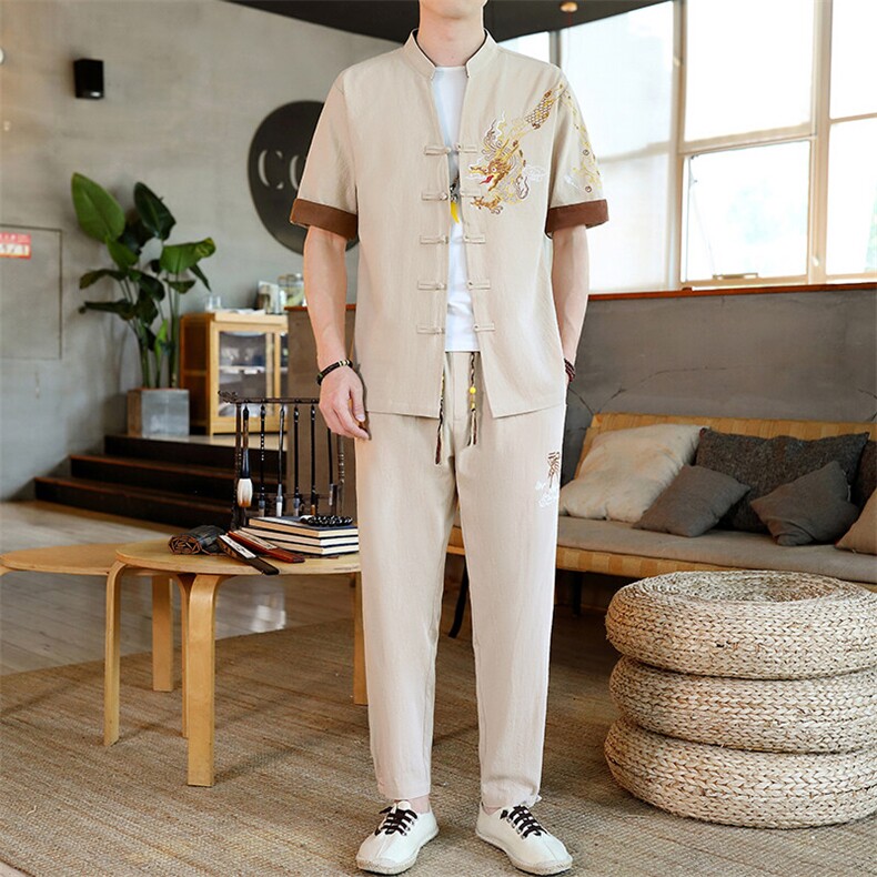 2025新款风男装夏季短袖开衫唐装男汉服套装一套-7716-P60,男装休闲套装,星座1105