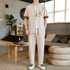 2025新款风男装夏季短袖开衫唐装男汉服套装一套-7716-P60，男装休闲套装，星座1105